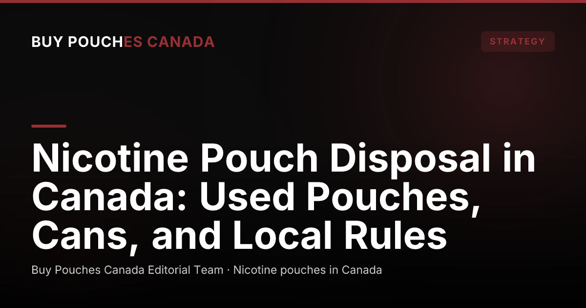 A hand dropping a small sachet into a kitchen bin, a scene about disposing of pouches properly in Canada.
