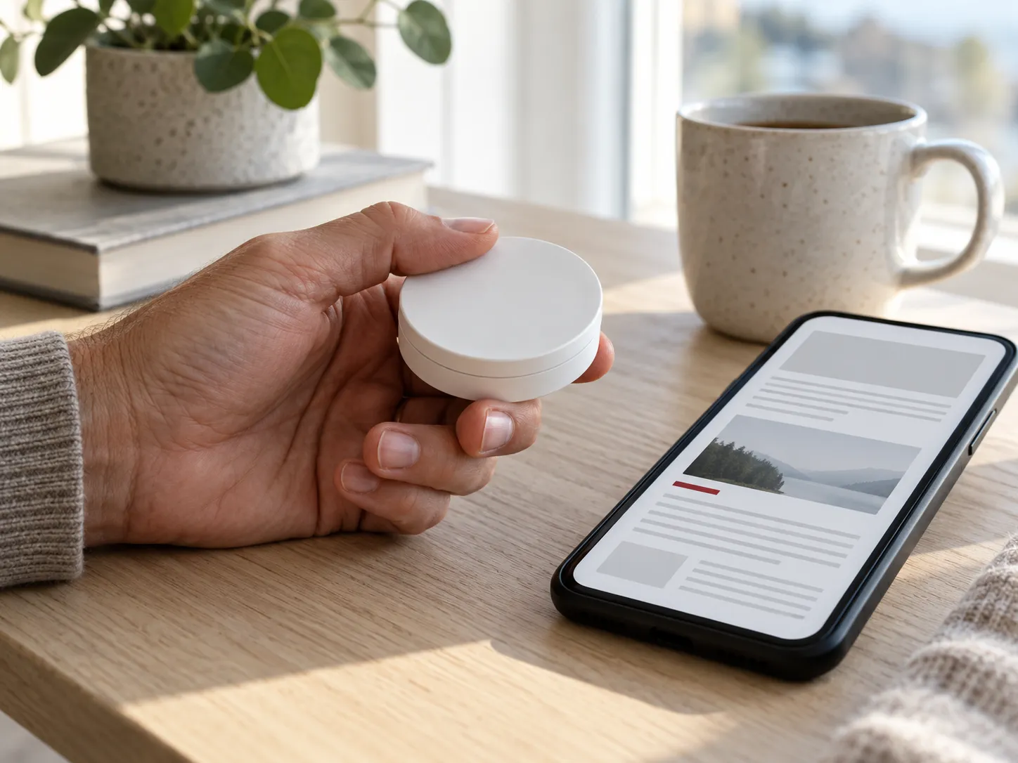 An adult hand holding an unbranded white tin beside a phone with an abstract article layout