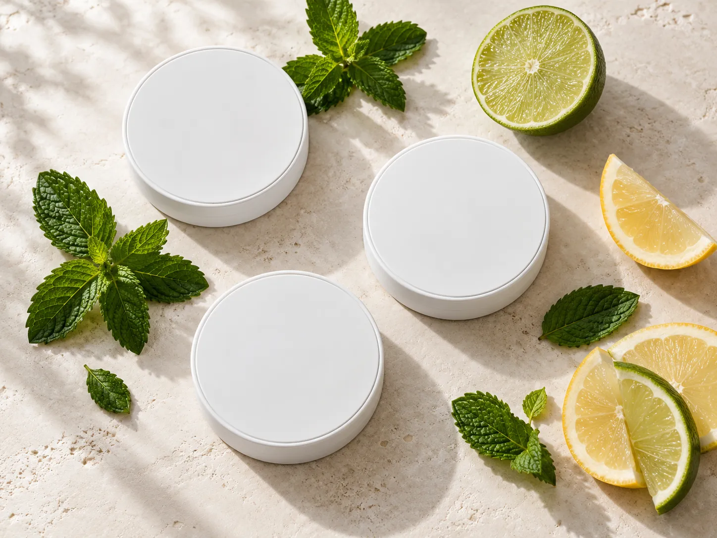 Unbranded white tins arranged with fresh mint leaves and sliced citrus fruit