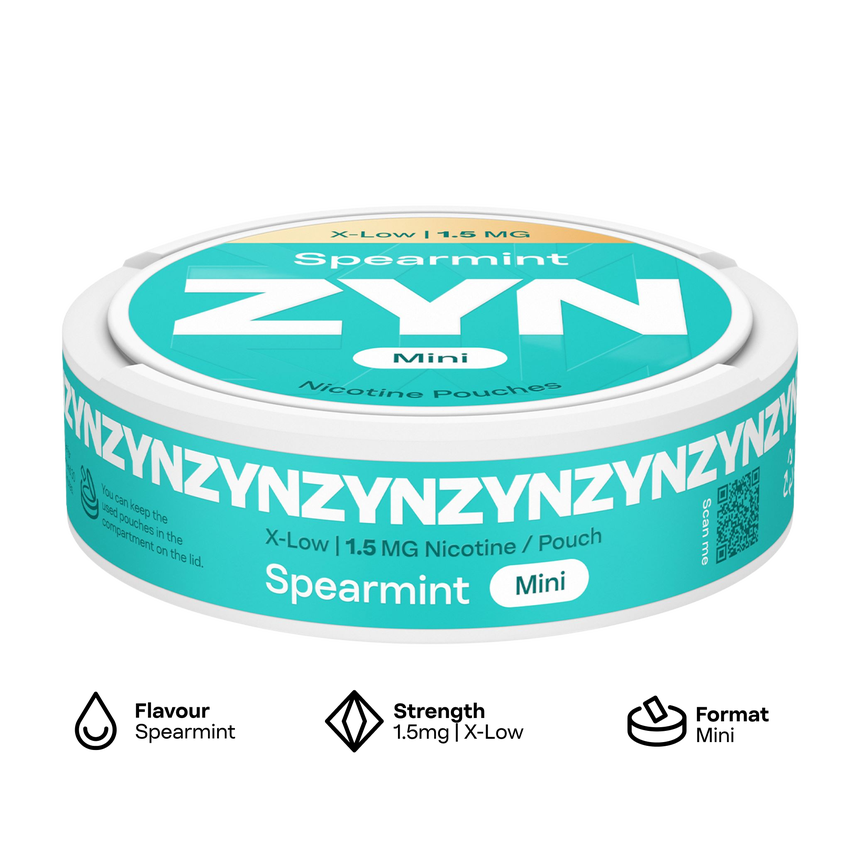 Side view of a real ZYN Mini Spearmint can from the official ZYN shop, showing 1.5 MG nicotine per pouch printed on the band.